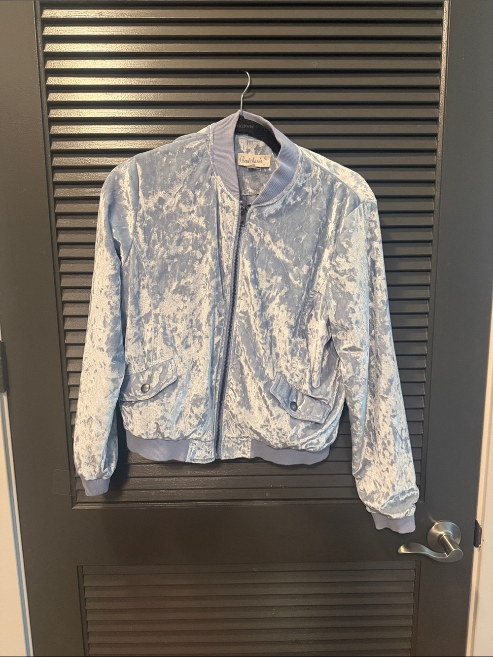 Cloud Chaser Light Blue Velvet Bomber Jacket
